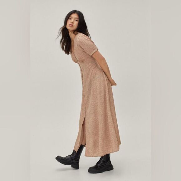 Nasty Gal Maxi Tea Dress Floral Print Button Down Puff Sleeve Size 10 - Picture 5 of 12